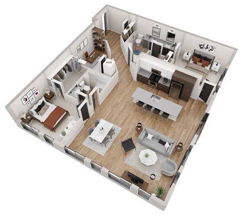 a 3d floor plan of a small apartment